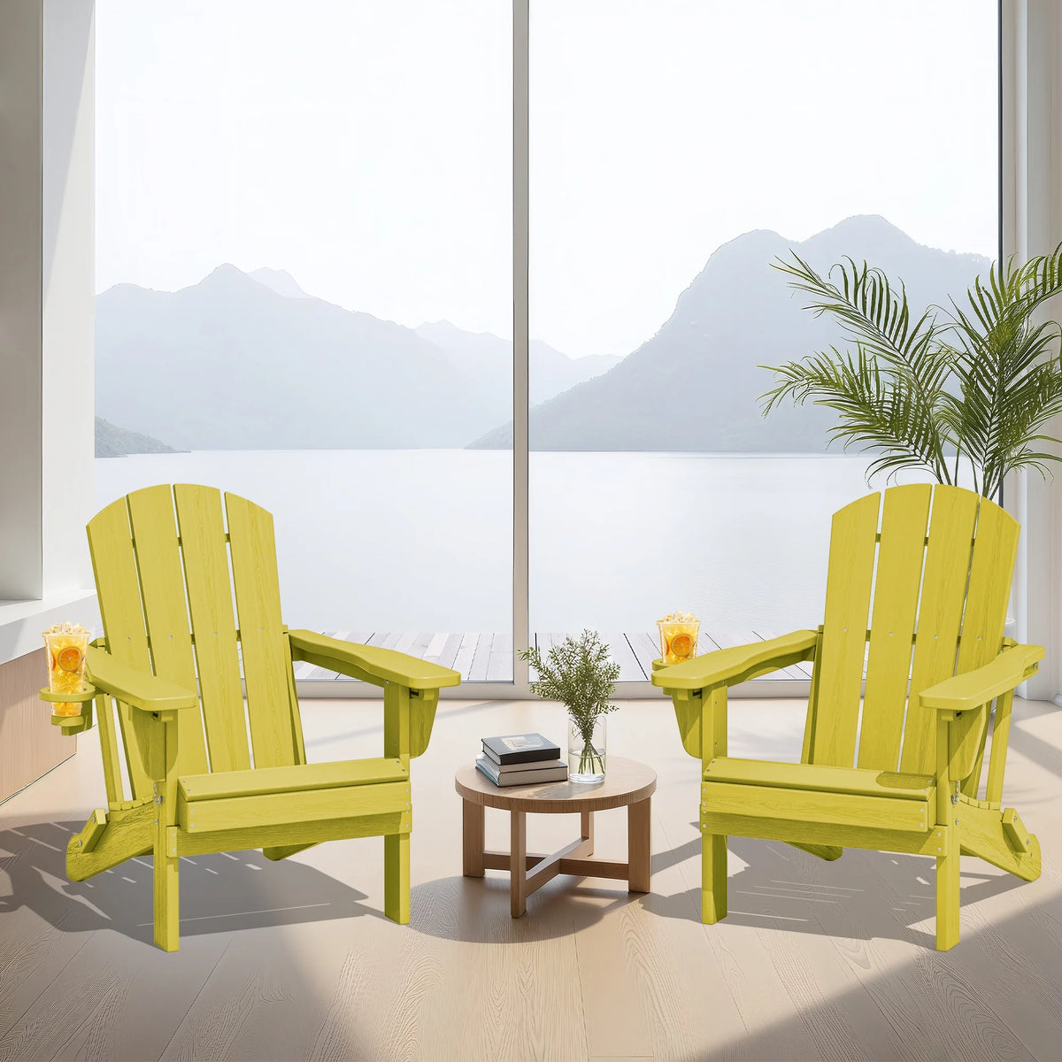 SERWALL Outdoor Adjustable Folding HDPE Adirondack Chairs Set of 2 with Cup Holder, Gray