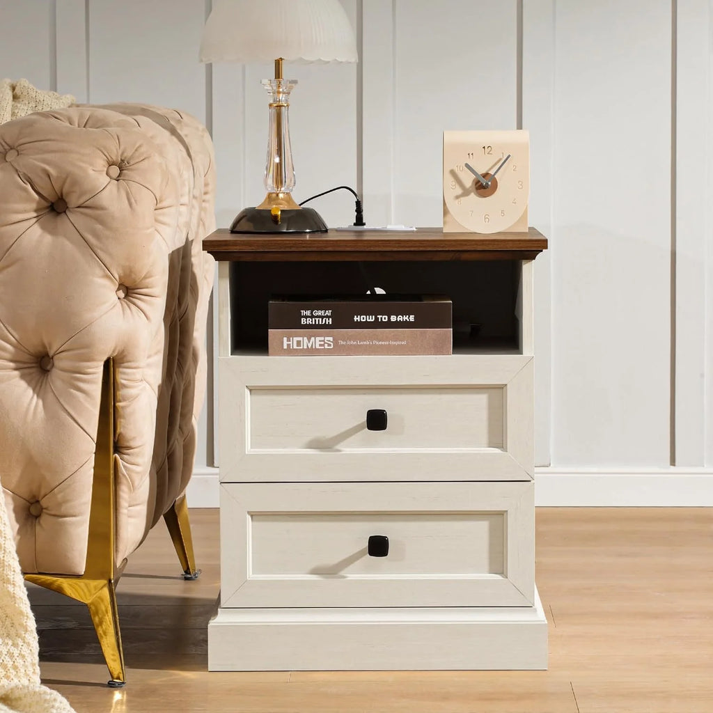 FIAKOA Night Stand Set of 2 with Charging Station, Bedside Table with 2 Drawers Storage and Open Shelf, White Farmhouse Nightstands  for Bedroom Office
