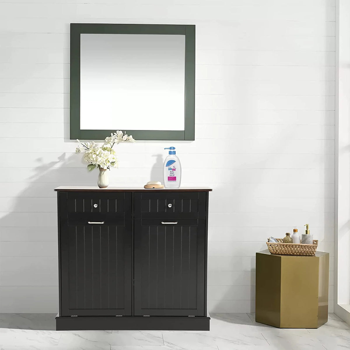 KIGOTY Dual Kitchen Trash Cabinet, Double Tilt Out Trash Can Cabinet with Countertop and Drawer, Free-Standing Pet Proof Recycling Cabinet Garbage Can Holder, Wood (White)
