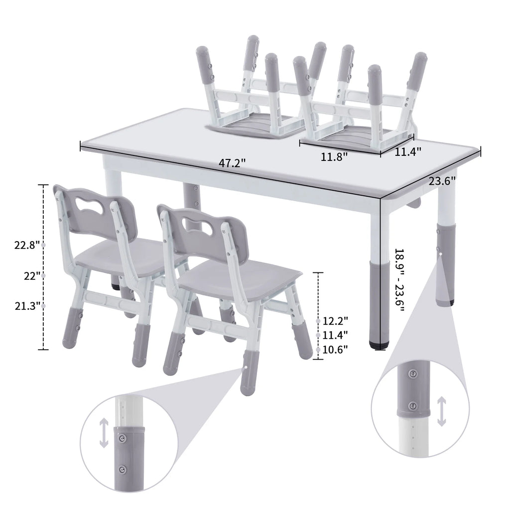 Toddler Table and Chairs Set for 4, 47.2''L x 23.6''W Kids Study Table and Chair Set, Height-Adjustable, Graffiti Desktop, Children Activity Table for Daycare, Classroom, Home