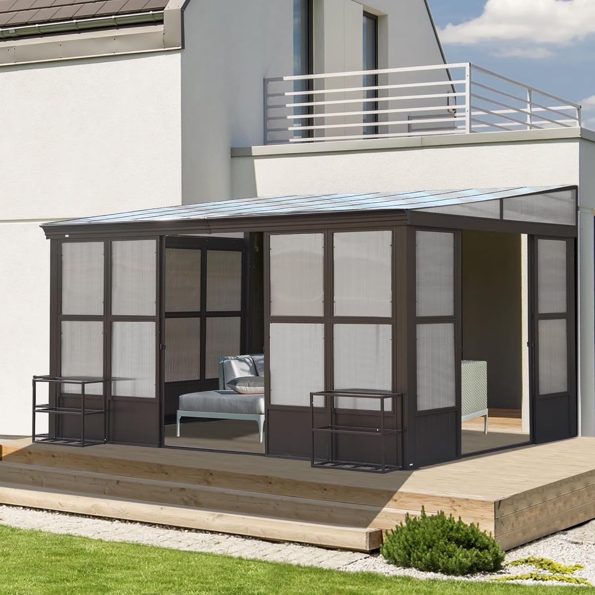 Domi Outdoor Living 10' x 12' Hardtop Lean-to Gazebo, Wall-Mounted with Galvanized Steel Roof Wall Pergola with Aluminum Frame, Curtains and Netting, for Patio, Deck, Garden, Backyard