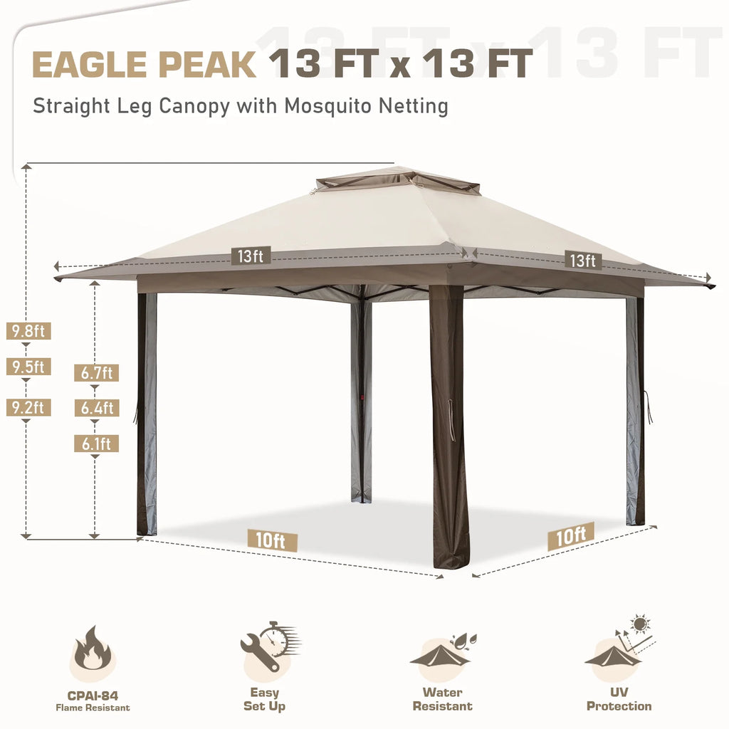 EAGLE PEAK 13' x 13' Pop-Up Gazebo Tent Instant w/Mosquito Netting，Outdoor Gazebo Canopy Easy Set-up Folding Shelter (Beige/Brown)