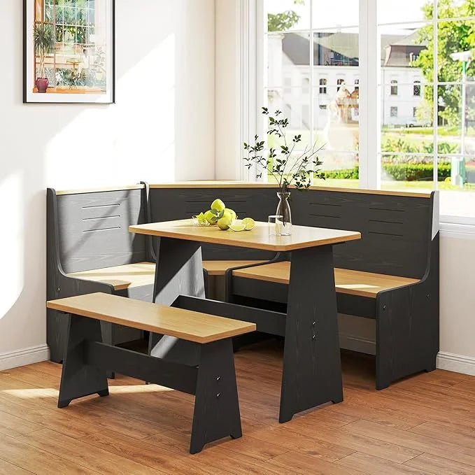 Breakfast Nook Kitchen Corner Dining Table Bench Chair Set, Space-Saving 3-4 Seat L-Shape Farmhouse Mid Century Modern Style for Family Home Black Wood