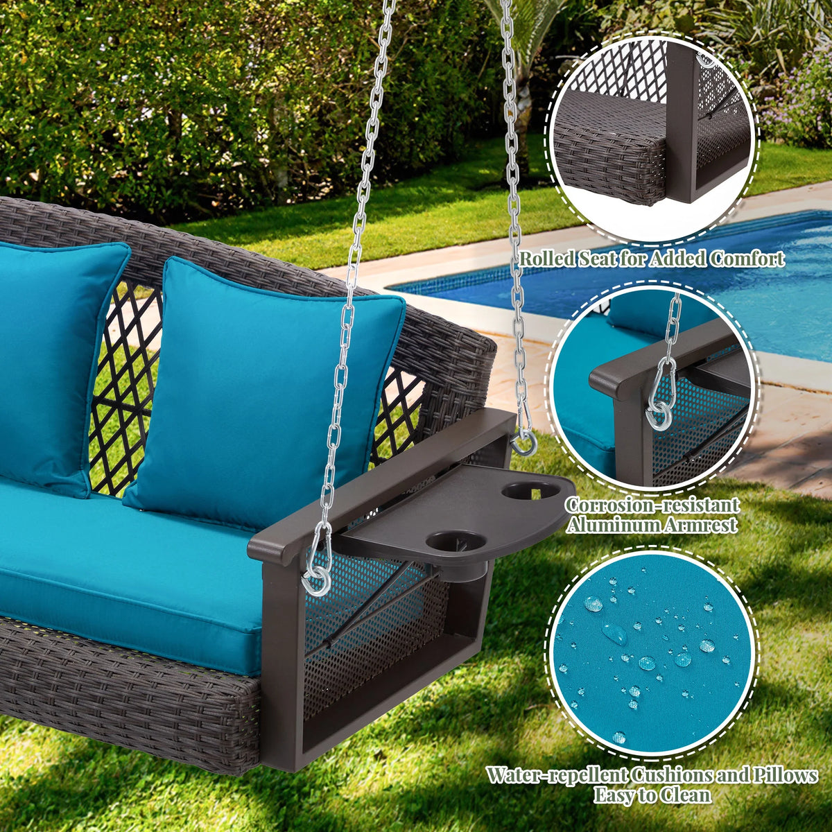 Homrest 3-Person Porch Swing 55in Wicker Hanging Swing Bench with Cushions and Cupholders for Deck, Garden and Backyard, Beige