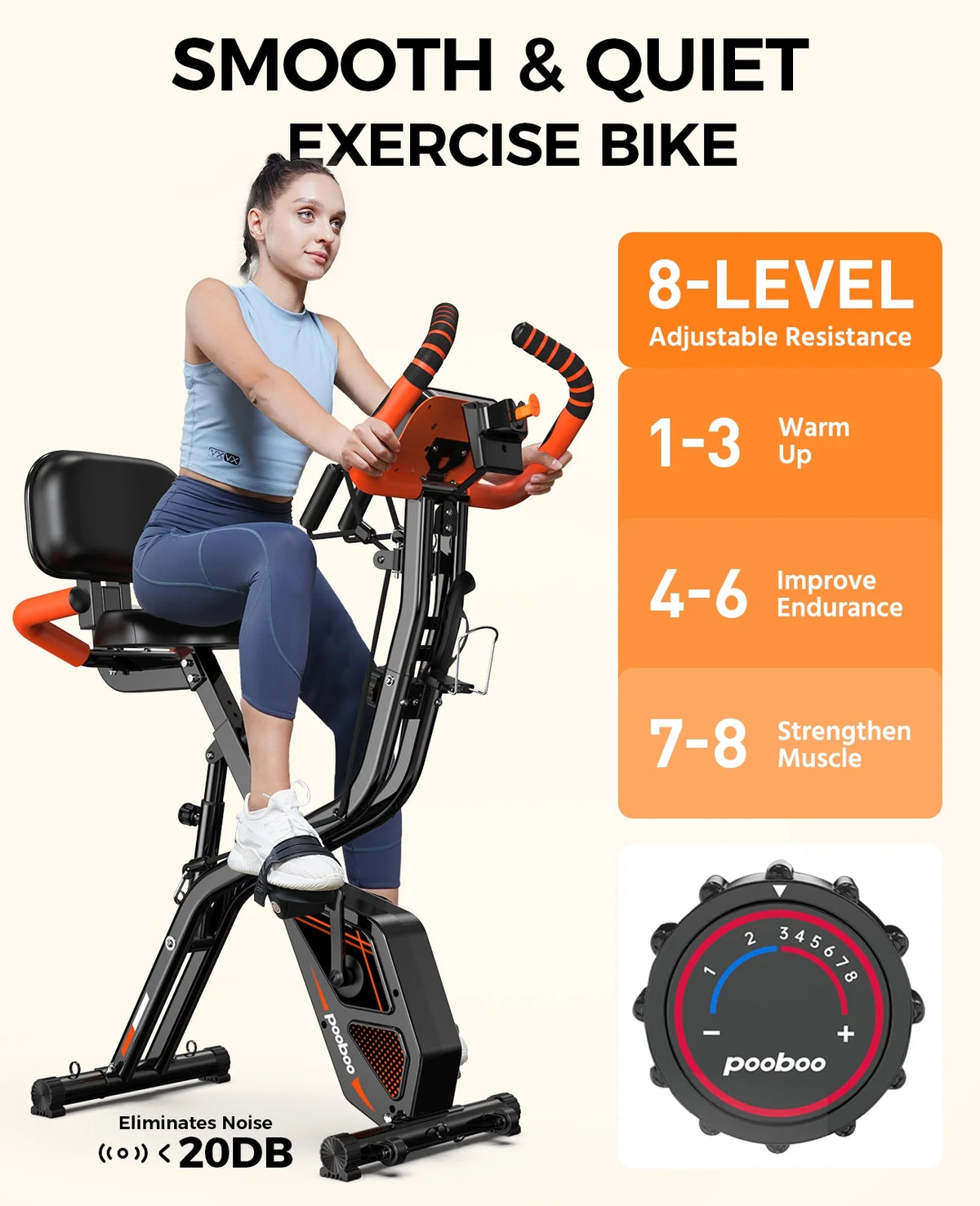 pooboo 4-in-1 Exercise Bike, Foldable Stationary Bike, Tri-Position Indoor Cycling Bike with 8-Level Resistance, Arm Resistance Bands, Pulse Sensor & Back Support Cushion for Home Gym Workout