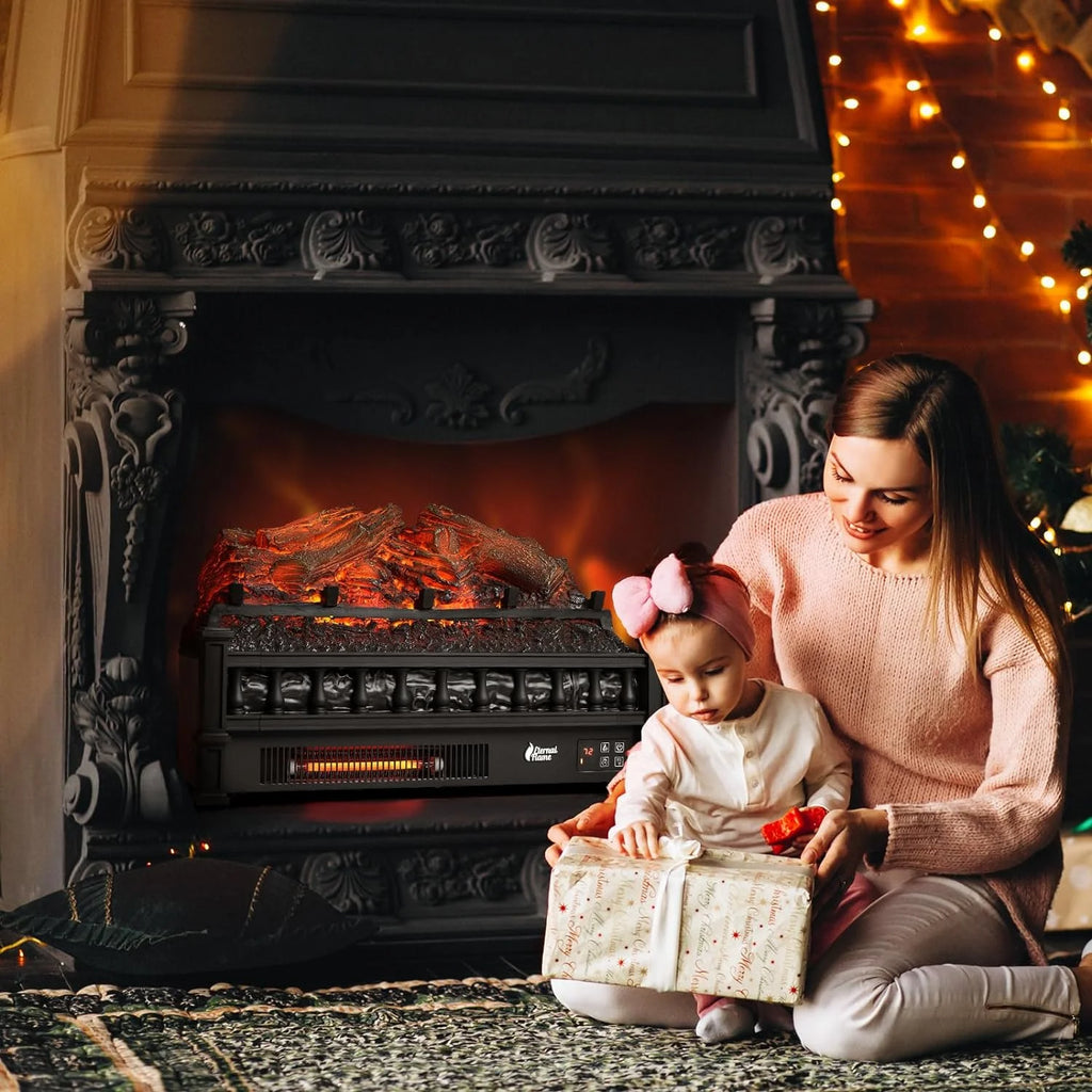 TURBRO Eternal Flame Infrared Electric Fireplace Logs, 23" Remote Control Fireplace Insert Log Heater, Realistic Lemonwood Ember Bed, Thermostat, Timer, 1500W Black