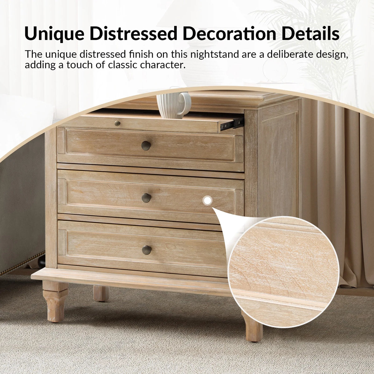 Farmhouse 3 Drawers Nightstand with Tray Bedside Table with Charging Station Acorn