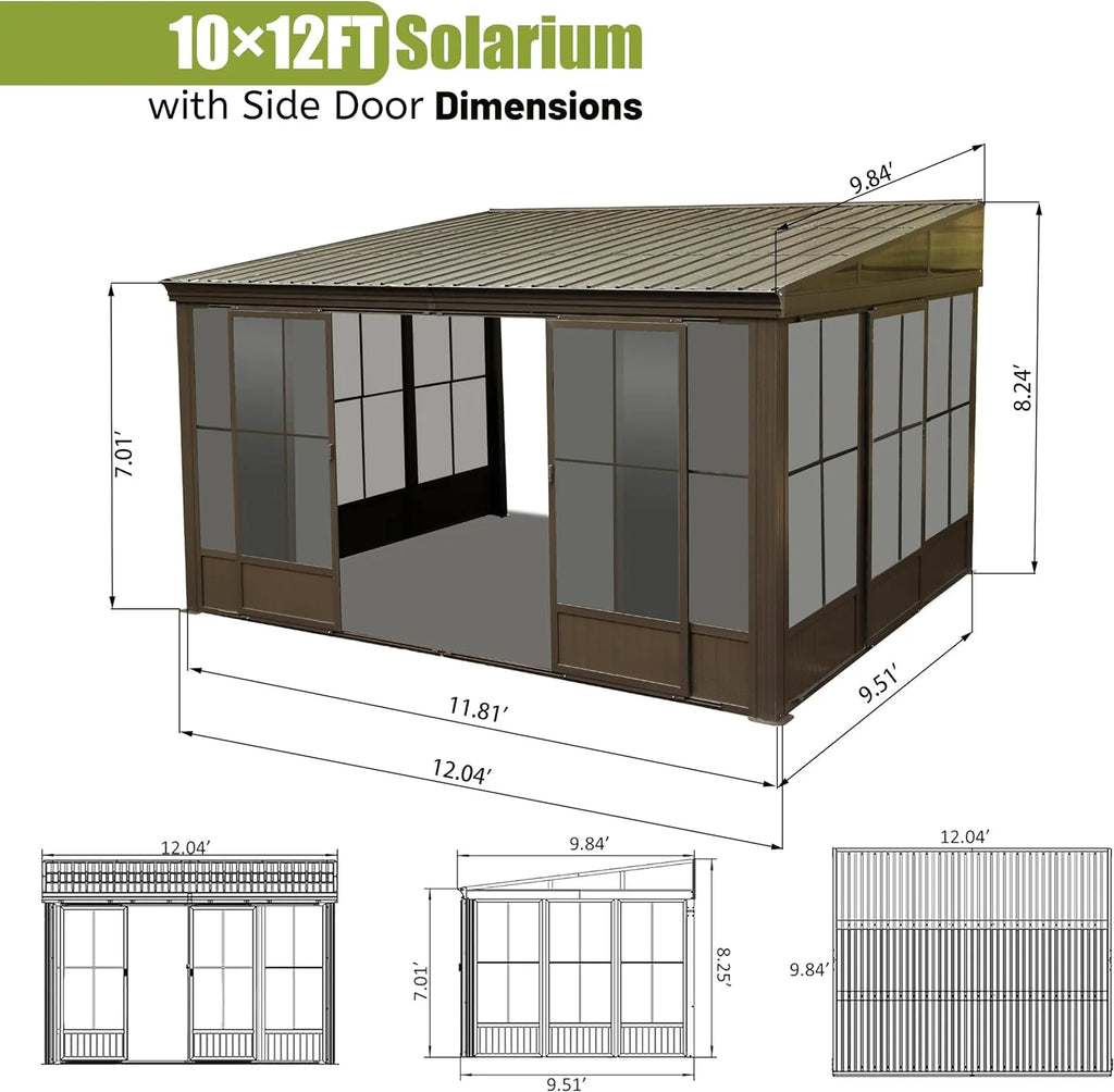 Domi Outdoor Living 10' x 12' Hardtop Lean-to Gazebo, Wall-Mounted with Galvanized Steel Roof Wall Pergola with Aluminum Frame, Curtains and Netting, for Patio, Deck, Garden, Backyard