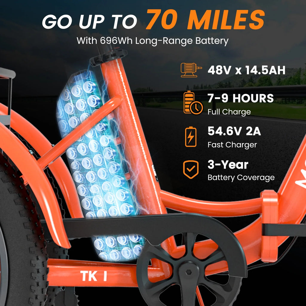 MOONCOOL TK1 Folding Electric Tricycle for Adults,48V 14.5Ah Removable battery, 500W Peak 1000w Motor, 20" Fat Tire Step-Thru 3Wheel Electric Bicycle w/Front&Rear Baskets, Certified to UL 2849 by SGS