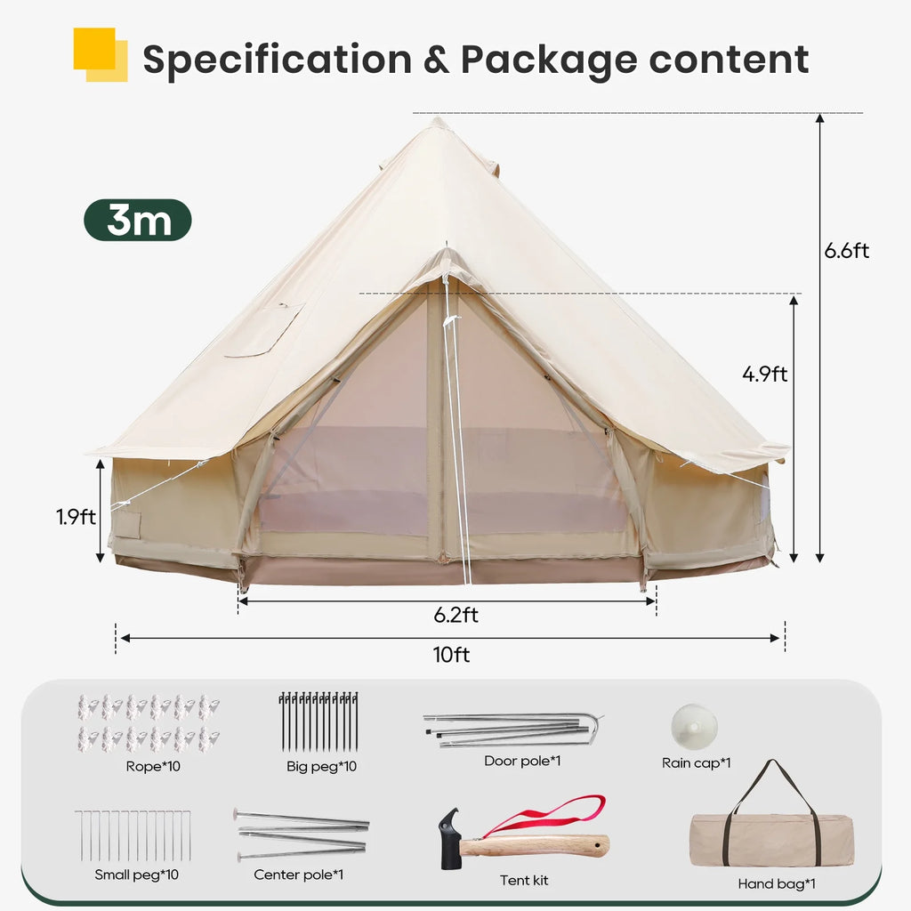 Canvas Bell Yurt Tent, 4-Seasons Shelter with Stove Jack & Waterproof, Luxury Camping Tent for Family Outdoor Adventures, 6-8 Person Use