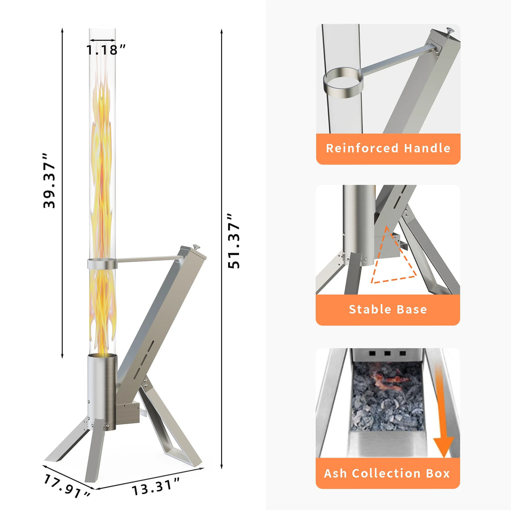 Enyopro 2 Piece Outdoor Smokeless Pellet Heater, Portable 430 Stainless Steel Glass Tube, Patio Pellet Torch with Tripod, Upgraded Ashtray, Eco-Friendly Wood Heater for Backyard, Patio, Camping