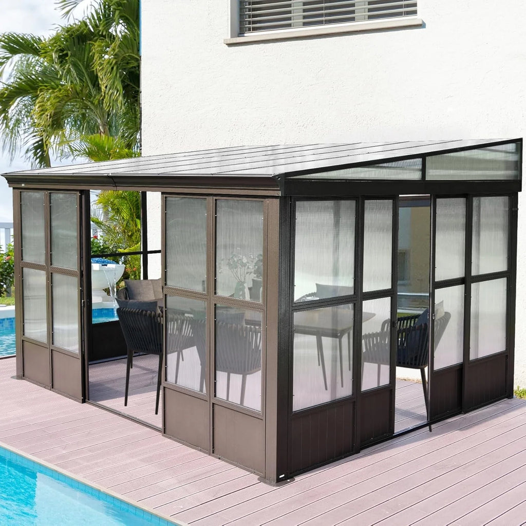 TOTAL Outdoor 10'x12' All-Season Sunroom Gazebo with Steel Roof, PVC Screen, Front & Side Door, Brown