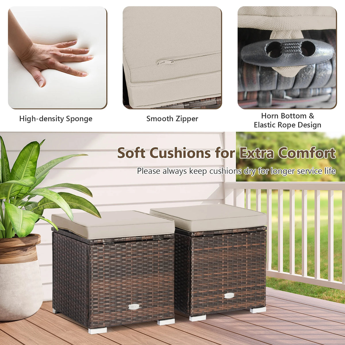 Costway 2PC Patio Rattan Ottoman Seat Side Table Storage Box Footrest Off White