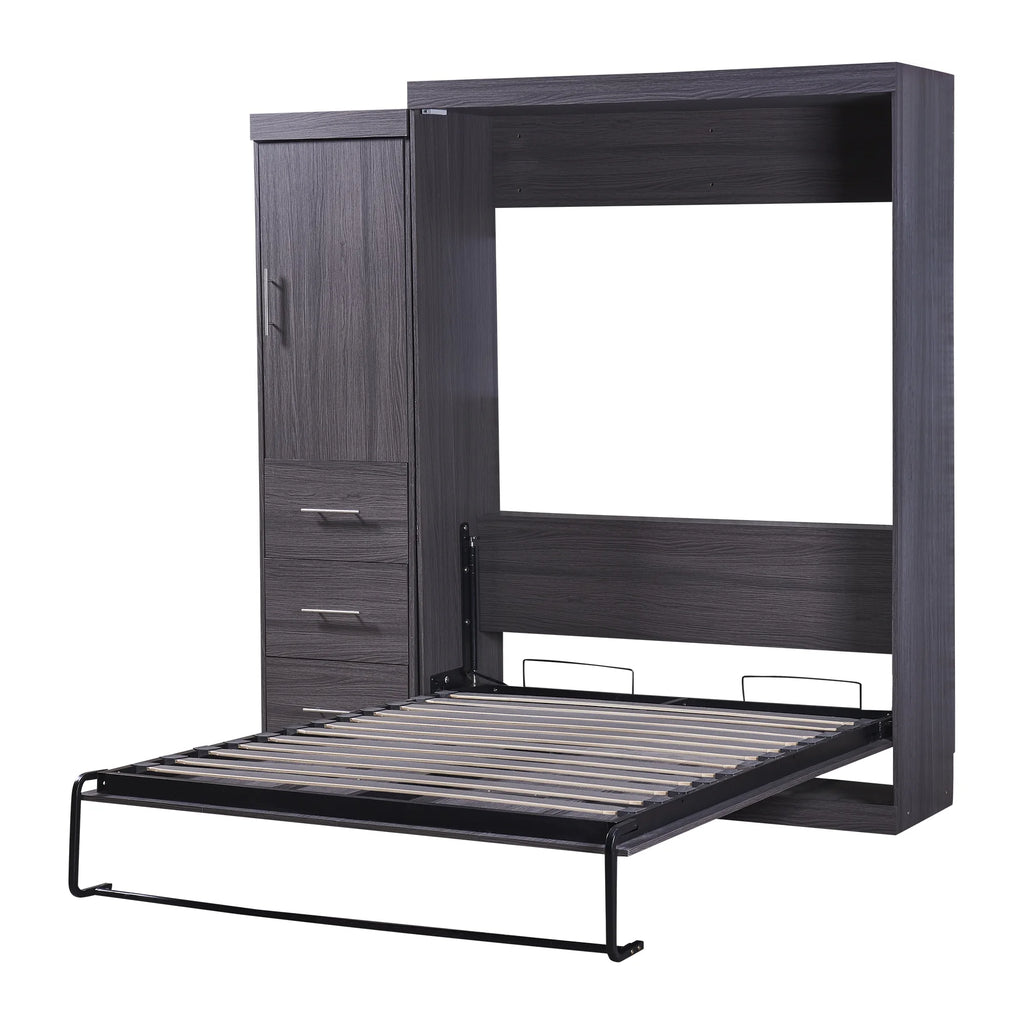 Euroco Wood Full Size Murphy Wall Bed with Wardrobe and Drawers for Living Room, Moveable Wardrobe and Drawers, Space-Saving & Easy Open and Close for Kids Teens Adults, Gray
