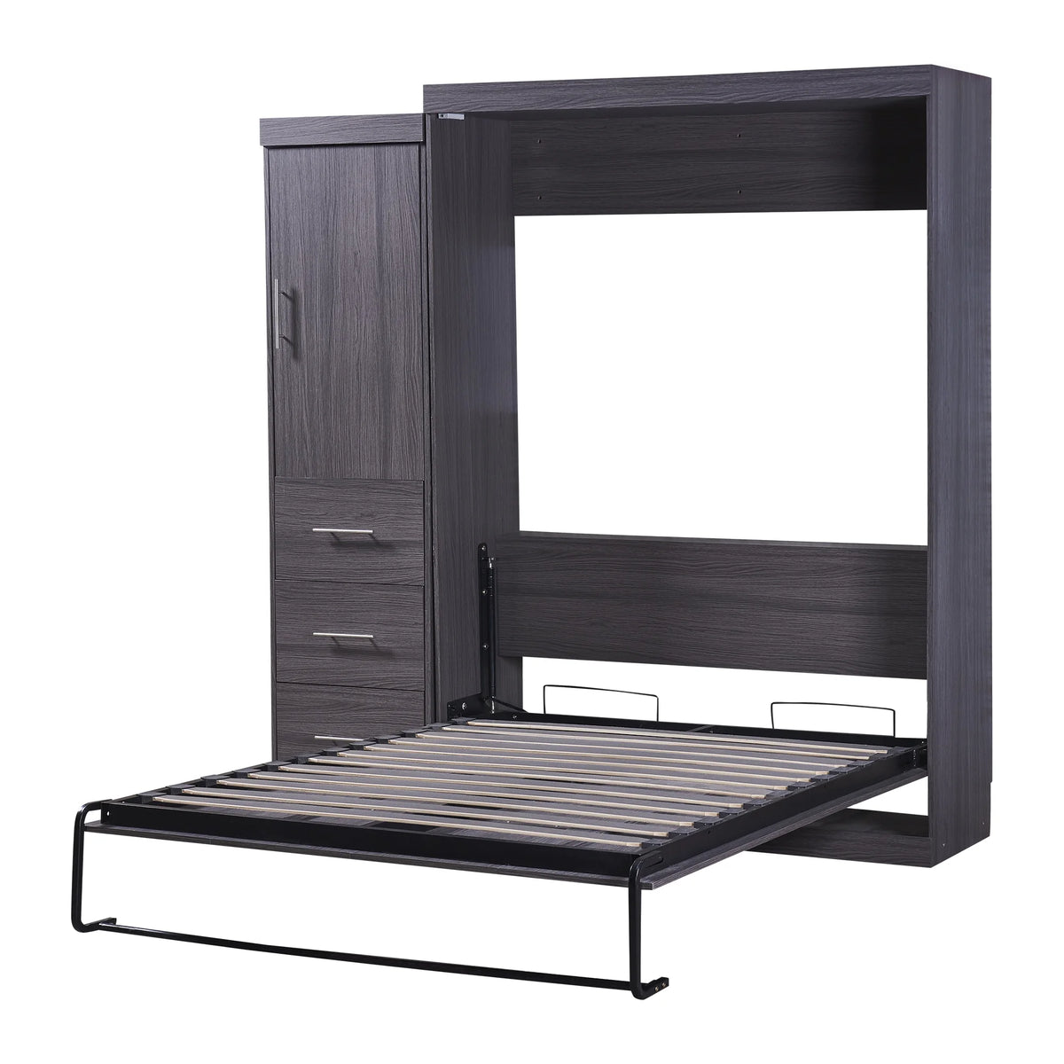 Euroco Wood Full Size Murphy Wall Bed with Wardrobe and Drawers for Living Room, Moveable Wardrobe and Drawers, Space-Saving & Easy Open and Close for Kids Teens Adults, Gray