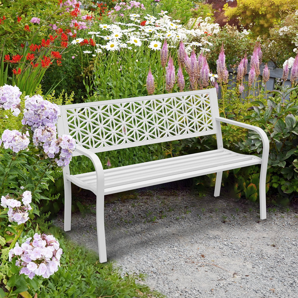 Ktaxon Outdoor Bench, Mental Bench with Floral Back, 2-Person Garden Bench for Outside Yard Patio Entryway Park Porch, 800LBS, White