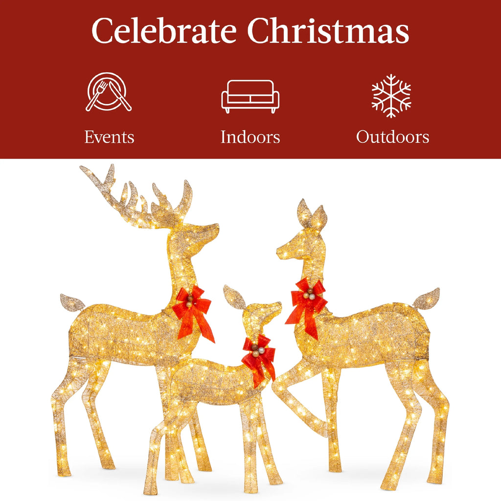 Best Choice Products 6.5ft 3-Piece Lighted Christmas Deer Set Outdoor Yard Decoration w/ 385 LED Lights, Stakes - Gold