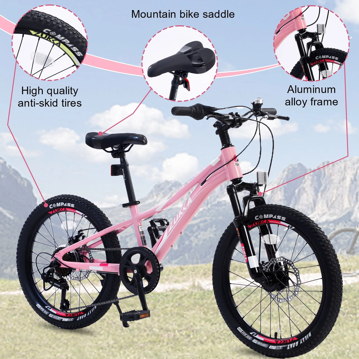 iYofe 20 Inch Kids Mountain Bikes for Girls and Boys, Shimano 7-Speed Mountain Bike, Pink