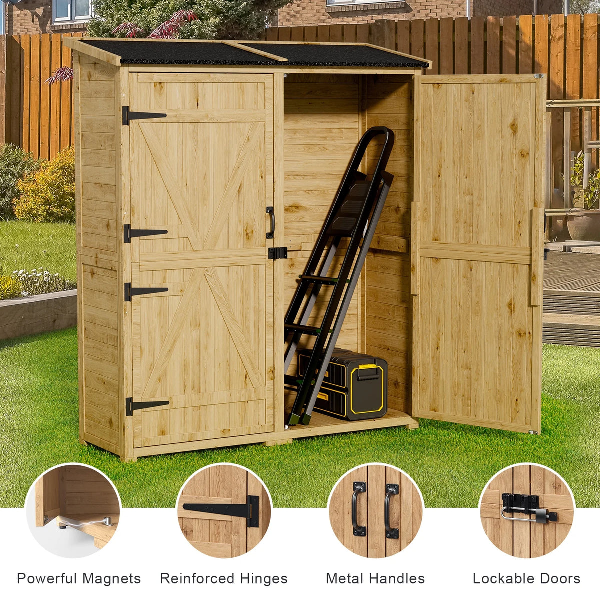 Outdoor Storage shed, Lofka Wooden Outdoor Storage Cabinet, with 2 Lockable Doors and Handles, 5.3ft x4.6ft, Natural