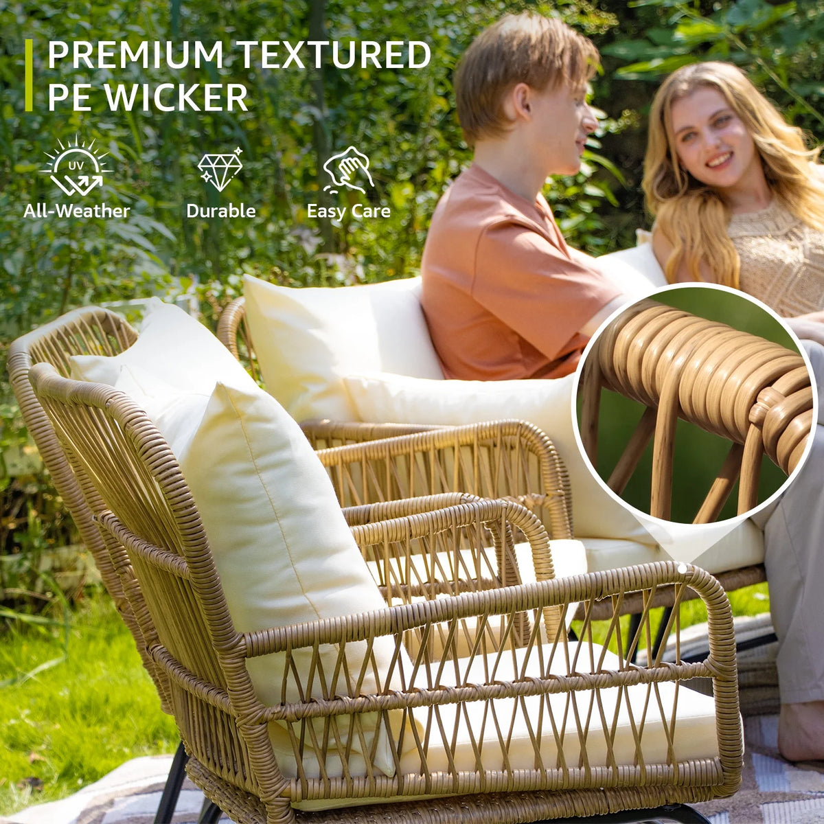 RADIATA 6-Piece Boho Patio Furniture Set, Outdoor Wicker Sectional Sofa Conversation Set with Ice Bucket & Coffee Table, 500lbs Capacity, Beige
