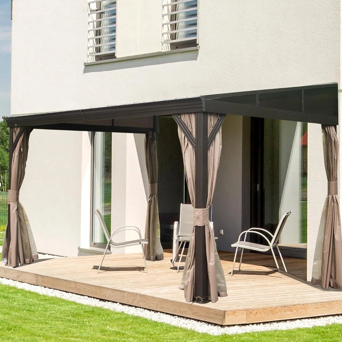 TOTAL Outdoor 10'x12' All-Season Sunroom Gazebo with Steel Roof, PVC Screen, Front & Side Door, Brown