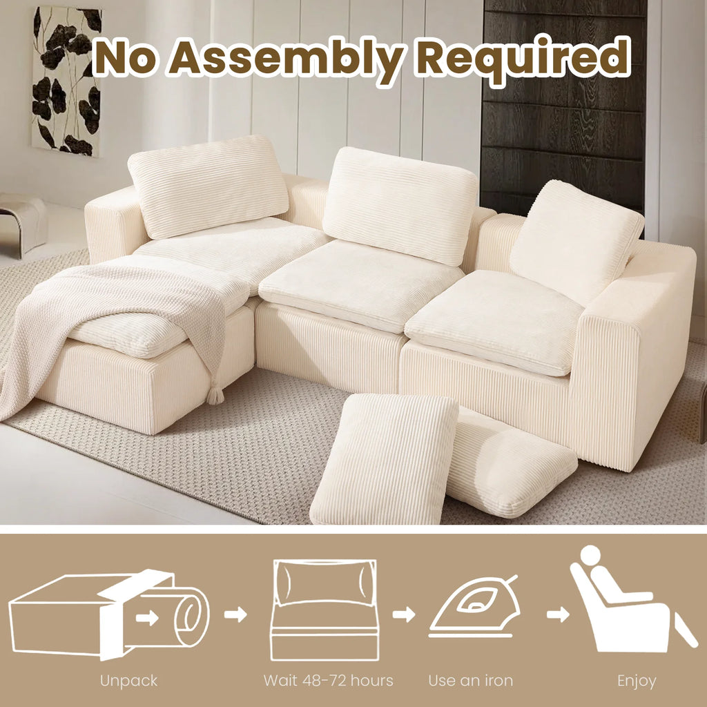 Cloud Sectional Couches for Living Room, Modular L-Shaped Sofa with Ottoman, Corduroy Sleeper Sofa Bed, No Assembly Compression Memory Foam Couch,White