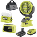 Ryobi 3-Tool Camping Kit Bundle with Compact Area Light, Bluetooth Speaker, 4 inch Clamp Fan, 18-Volt 1.5 Ah Lithium-ion Battery, Charger and 16 inch Buho Tool Bag
