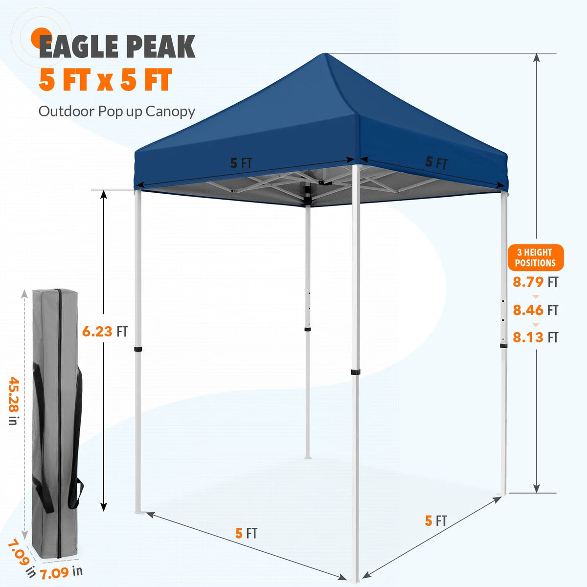 EAGLE PEAK 5x5 Pop Up Canopy Tent Instant Outdoor Canopy Easy Set-up Straight Leg Folding Shelter（Blue）