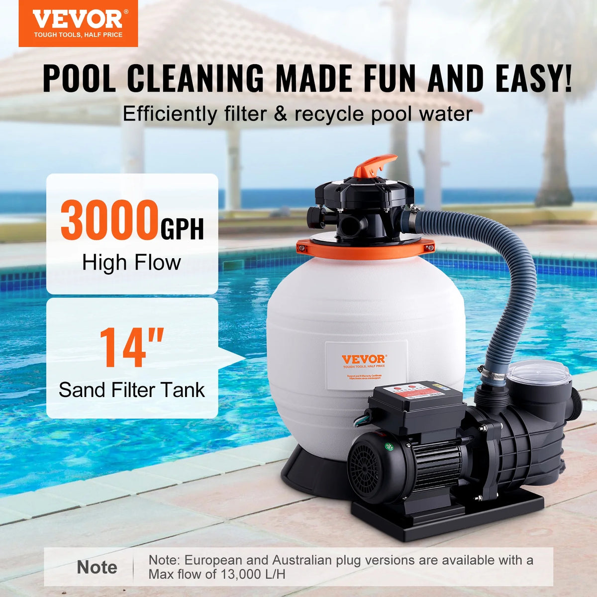 VEVOR Sand Filter Pump for Above Ground Pools,14-inch, 3000 GPH, 3/4 HP Swimming Pool Pumps System & Filters Combo Set with 6-Way Multi-Port Valve & Strainer Basket,for Domestic and Commercial Pools