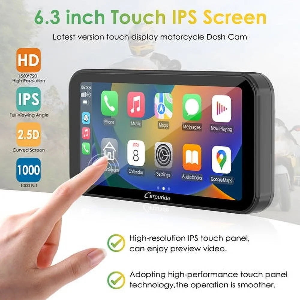 Carpuride W603D Wireless Portable Carplay A-Auto Waterproof IP67 Motorcycle Stereo HD Dual Cameras