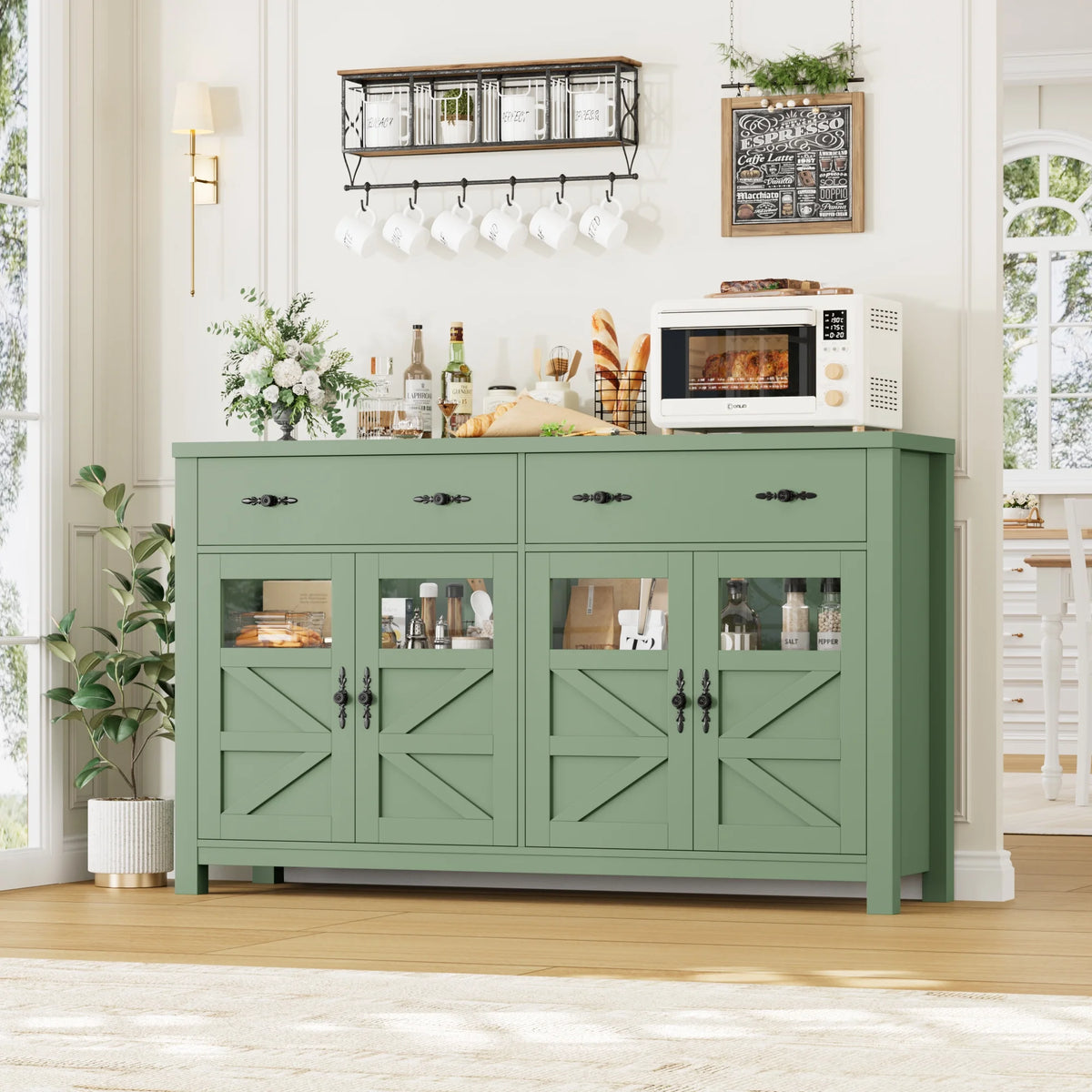 Homfa Farmhouse 55.1"WKitchen Buffet Cabinet with Storage Drawer & Adjustable Shelf, Glass Door Wood Sideboard Credenza Coffee Bar with for Dining Room Living Room, White & Black