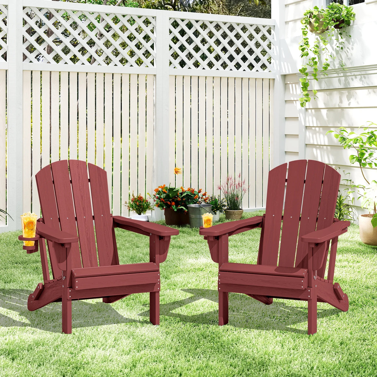 SERWALL Outdoor Adjustable Folding HDPE Adirondack Chairs Set of 2 with Cup Holder, Gray