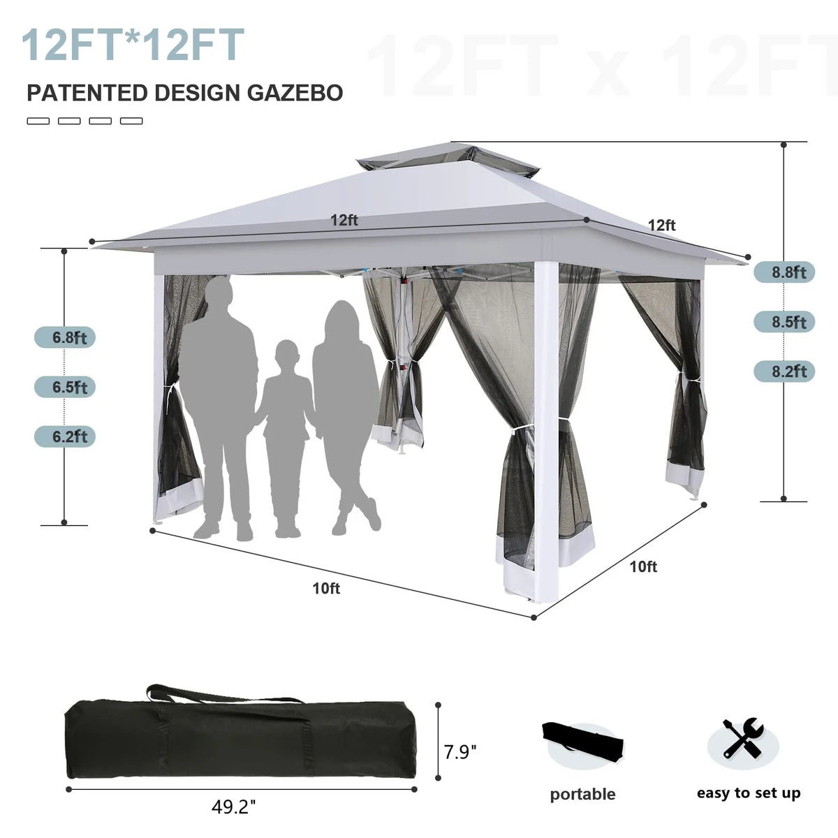 HOTEEL 11x11 Outdoor Waterproof Gazebo, Pop up Canopy Gazebo with Mosquito Netting & UV Protection for Parties, Camping, Weddings, and Backyard Events, Gray