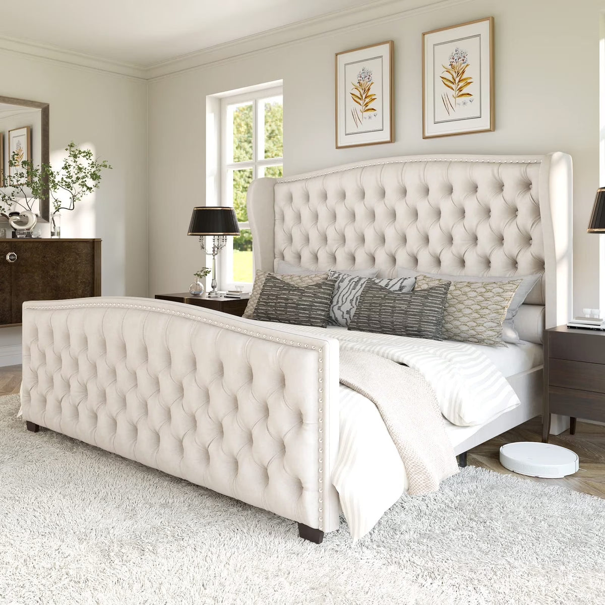 VANACC Queen Size Bed Frame, Velvet Upholstered Bed with Deep Button Tufted Wingback Headboard Grey