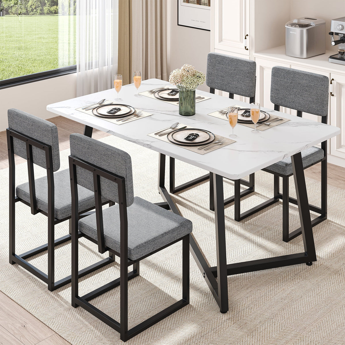 PORKISS Dining Table Set for 4, Kitchen Table Set with Chair for 4 with Faux Marble Table and 4 Linen Upholstered Chairs, Dining Room Set for Kitchen Dining Room Small Space, White + Gray + Black