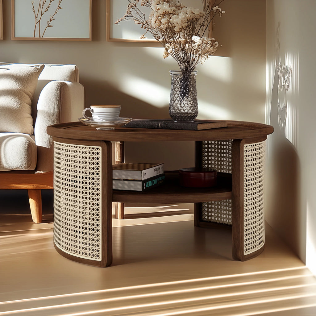 Harper & Bright Designs Rattan Round Coffee Table with Storage Shelf, Round Cane Wood Center Table for Living Room, 37'' Brown