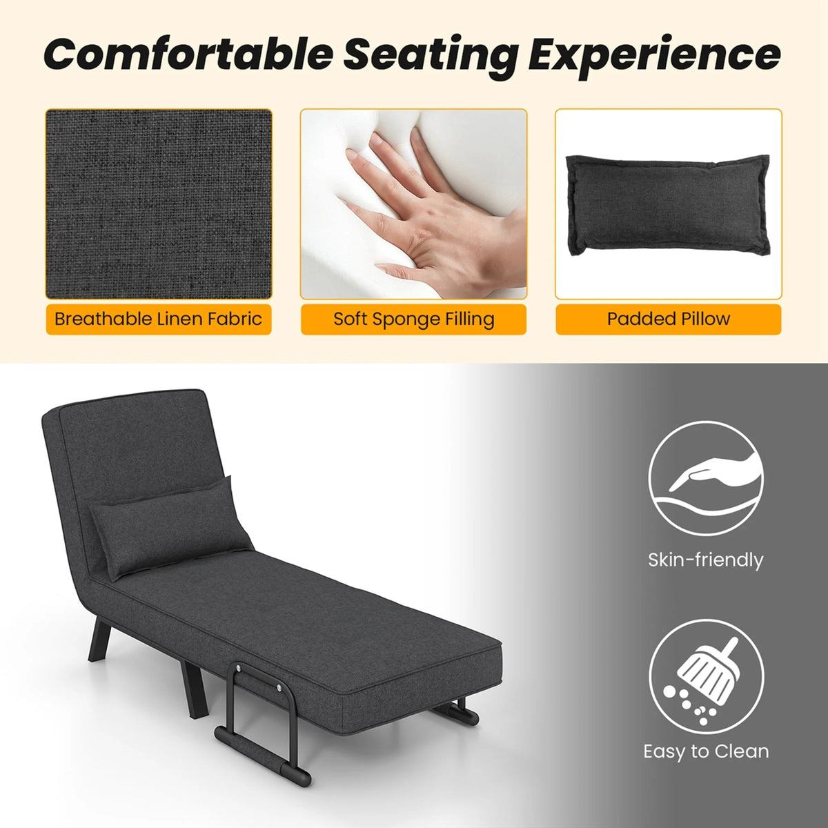 Costway Folding 6 Position Convertible Sleeper Bed Armchair Lounge Couch w/ Pillow Gray