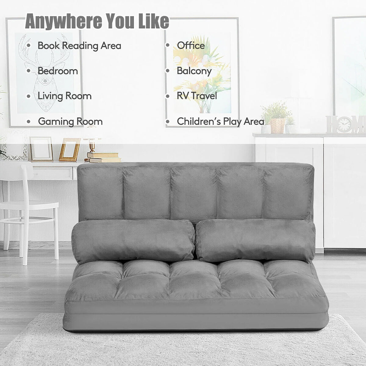 Costway Foldable Floor Sofa Bed 6-Position Adjustable Lounge Couch with 2 Pillows Grey