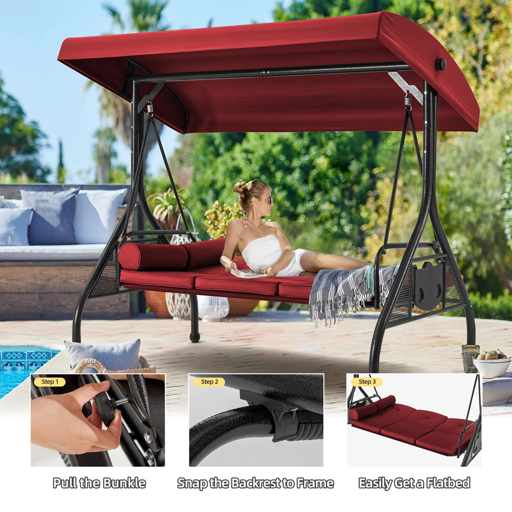 Homrest 3 Seat Outdoor Porch Swing with Adjustable Canopy, Cushions, and Cup Holder - Wine Red