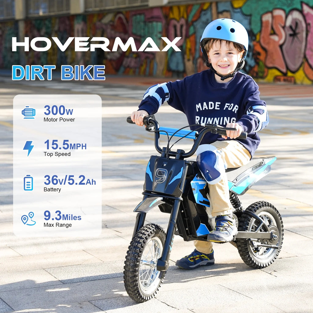 HOVERMAX H12M 36V Electric Dirt Bike, 300W Electric Motorcycle 15.5MPH Max Speed, Ride On Toys motocross for Kids Teens, Blue