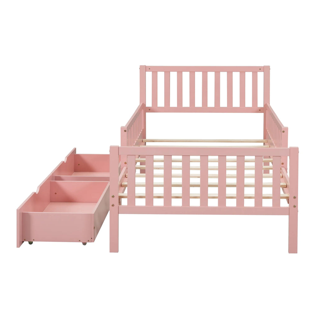 Bellemave Twin Bed with Storage Drawers and Fence Rails, Wood Platform Beds Frame with Headboard, Twin Size Storage Bed for Kids Boys Girls Teens White)