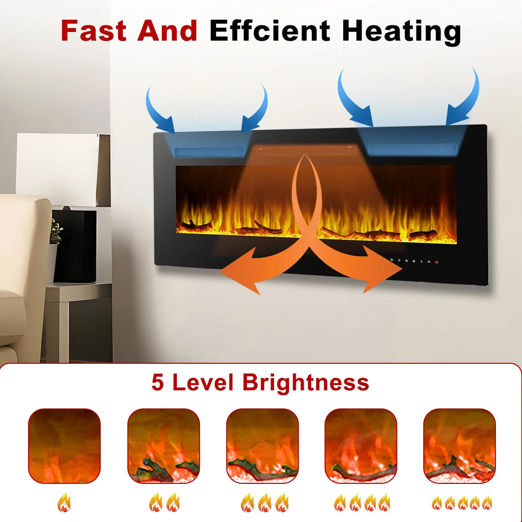 60" Electric Fireplace, Ultra-thin Recessed and Wall Mounted Fireplace, Linear Fireplace with Timer Remote Control Adjustable Flame Color 750w/1500w Black