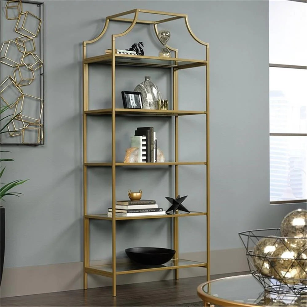 Pemberly Row 5-Shelf Modern Metal Bookcase in Gold Satin/Faux Deco Stone