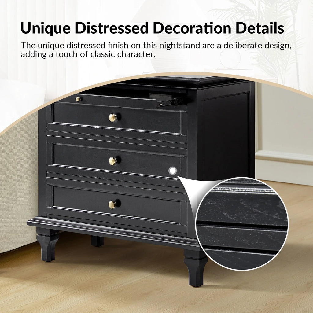 Farmhouse 3 Drawers Nightstand with Tray Bedside Table with Charging Station Acorn