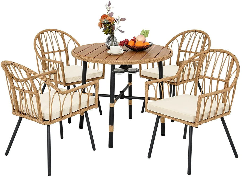 Dextrus 5 pieces Outdoor Dining Set, Patio Dining Sets with 4 Rattan Wicker Dining Chair and Round Table With Umbrella Hole, Sectional Conversation Set for Backyard, Balcony, Garden, Lawn