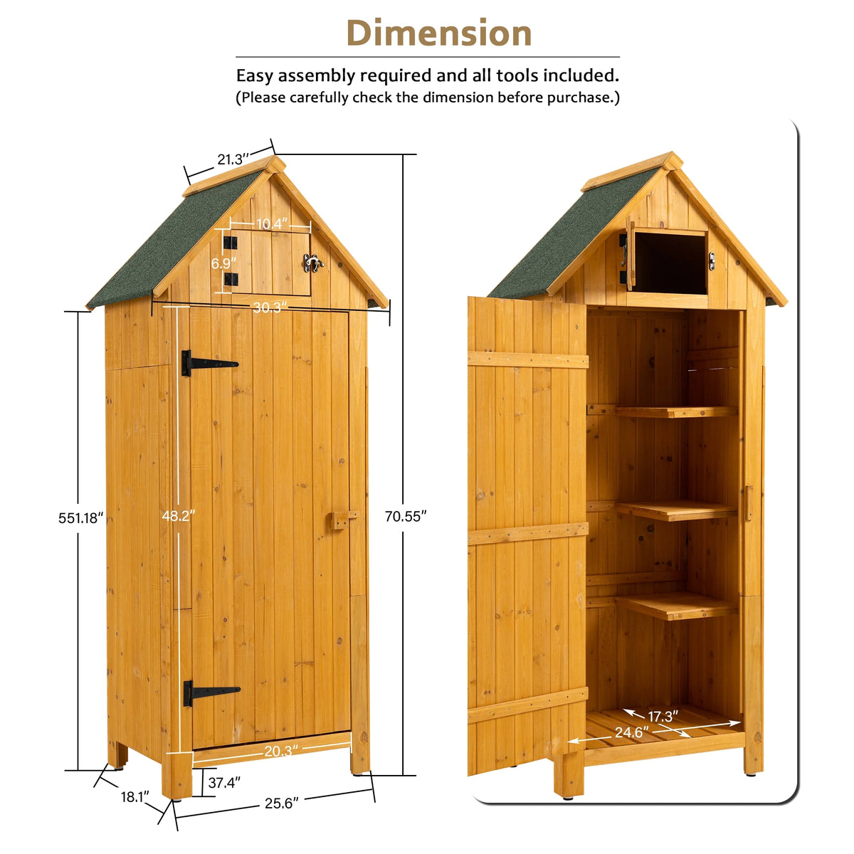 Miniyam 70.55" Outdoor Storage Shed, Garden Tool Storage Cabinet for Home Yard, Natural