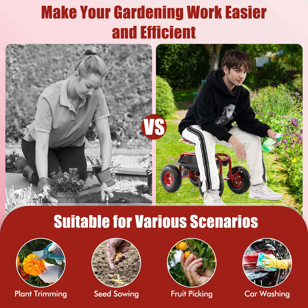 Costway Garden Cart Rolling Work Seat w/ Tool Tray Basket Green