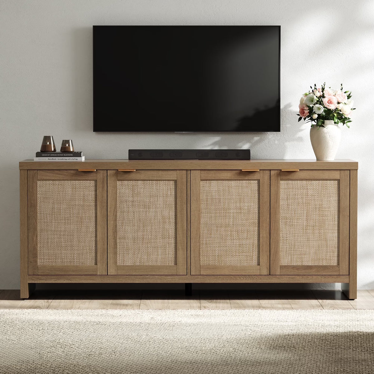 SICOTAS 61.5"W Rattan TV Stand with 4 Doors, Boho Entertainment Center with Adjustable Shelves & Spacious Countertop Large Boho Farmhouse Media Console for Living Room, Reclaimed Caramel Oak