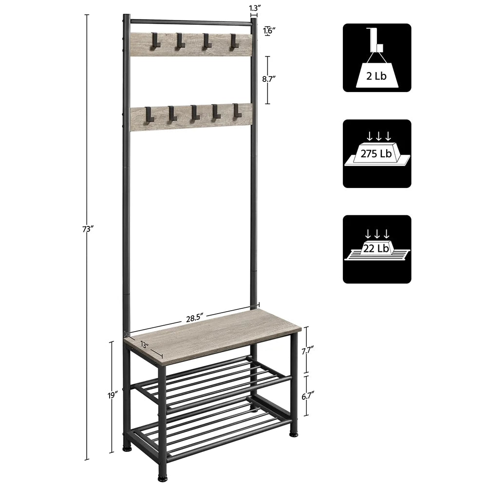 Renwick Metal Hall Tree with Shoe Shelves & Movable Hooks, Gray