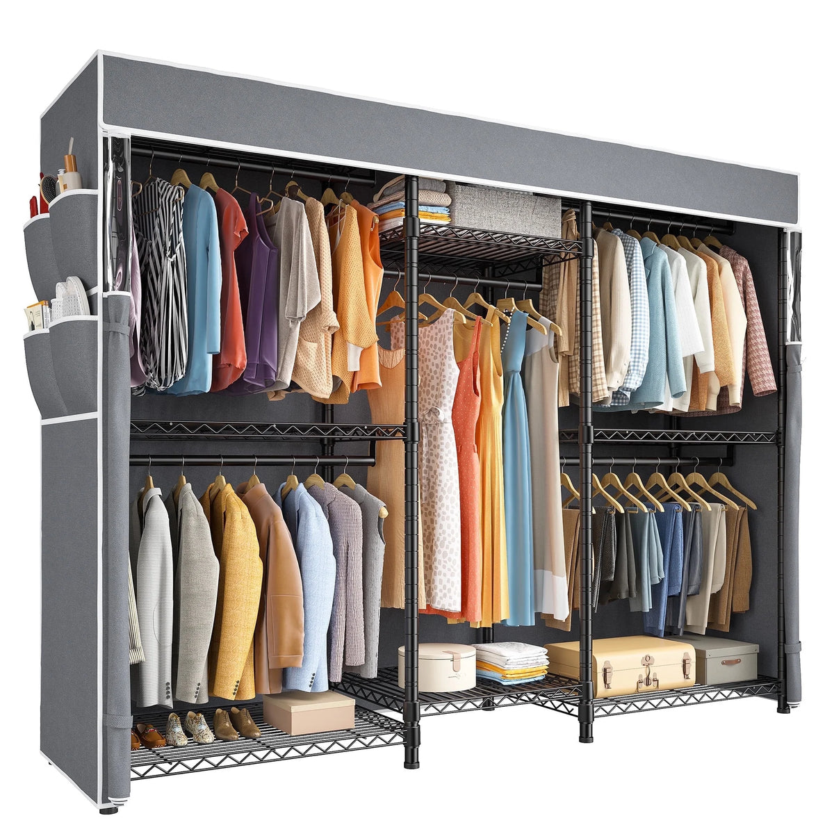 Heavy Duty Clothes Rack with Cover Loads 900LBS, Clothing Racks for Hanging Clothes, Freestanding& Adjustable Closet with Cover, Black, 74.9" Wx17.8 Dx76.9 H
